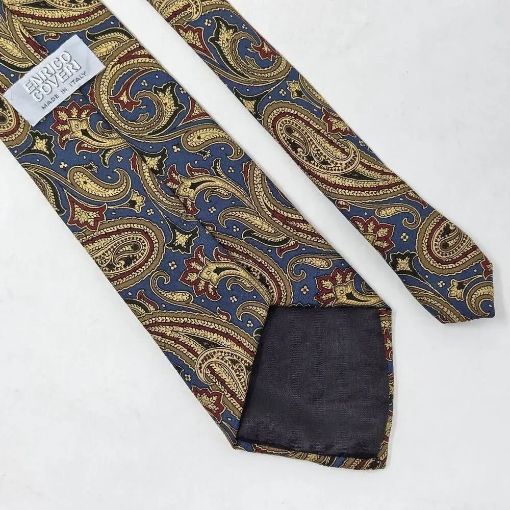 ENRICO COVERI ITALY SILK TIE BLUE TAN RED PAISLEY LUXURY SMOOTH 3.75